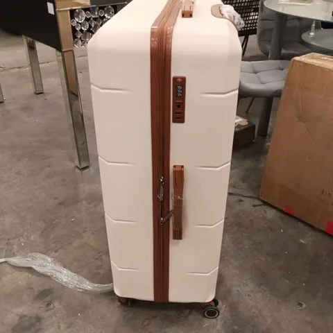 UNBOXED KEPLIN LUGG LIGHTWEIGHT DESIGN BIG SIZE TRAVEL SUITCASE CREAM AND BROWN COLOUR WITH LOCK NUMBERS AND WHEELS 