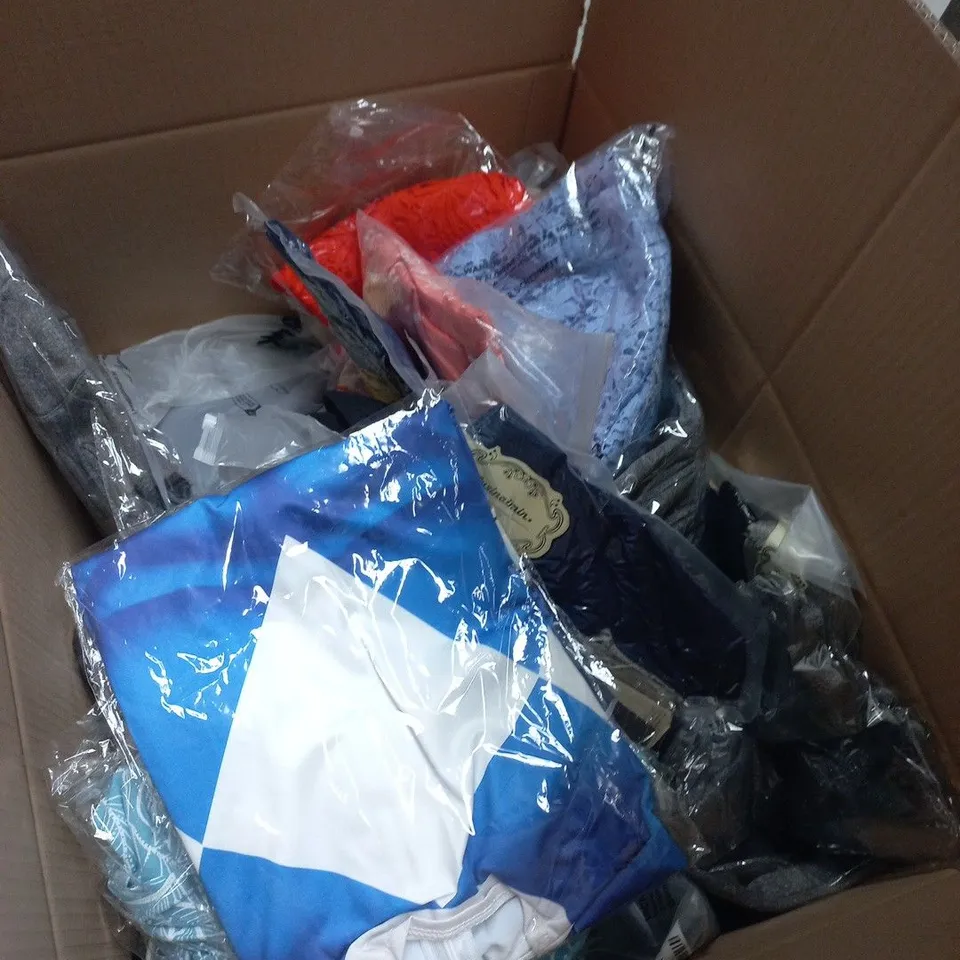BOX OF APPROXIMATELY 30 ASSORTED CLOTHING ITEMS TO INCLUDE EVERLAST SOCKS, BEN DI LISI, MODA BAG ETC