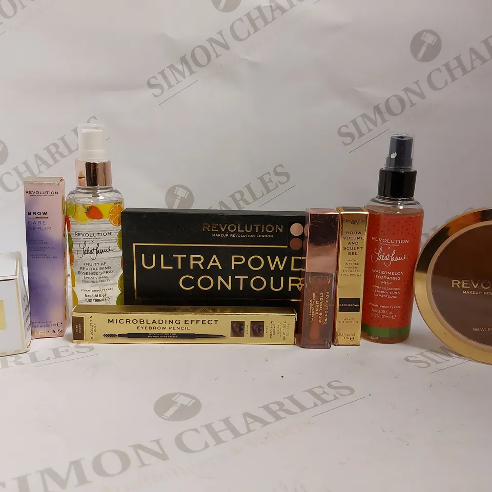 BOX OF APPROX 8 REVOLUTION ITEMS TO INCLUDE CONTOUR PALETTE, MIRACLE CREAM AND BROW SCULPT GEL