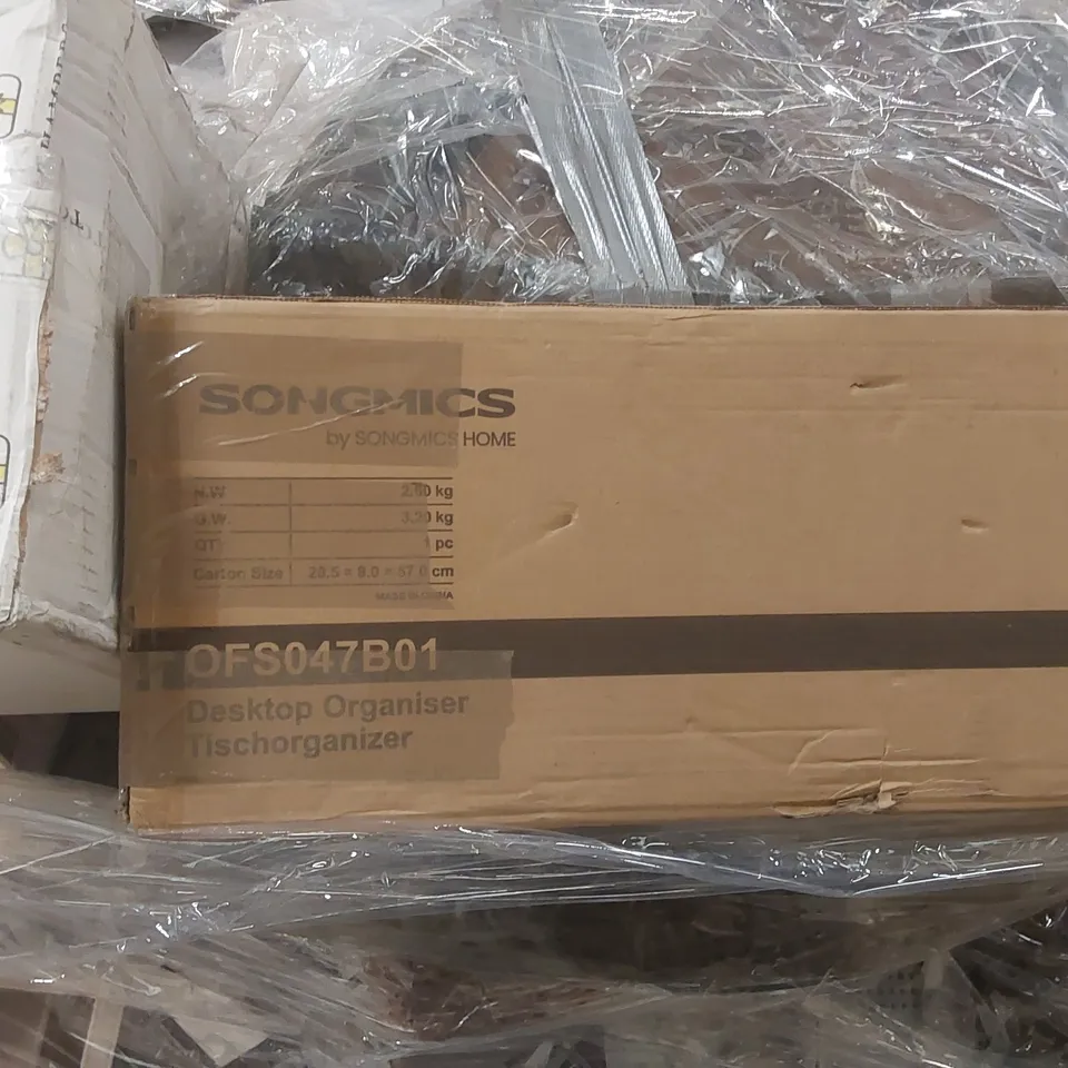 PALLET CONTAINING A LARGE QUANTITY OF ASSORTED ITEMS INCLUDING: BOOKCASE, DESKTOP ORGANISER, STORAGE SHELF ECT