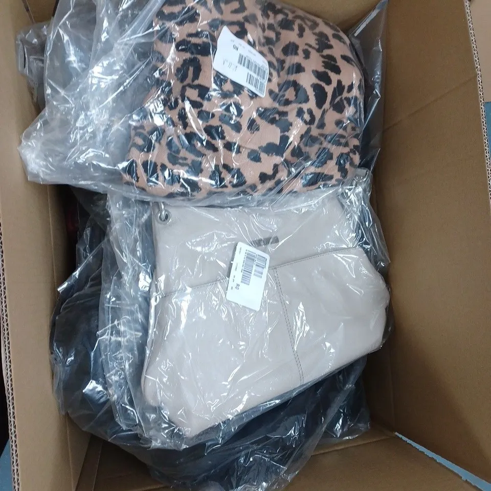 BOX OF 10 ASSORTED CLOTHING ITEMS TO INCLUDE ASHWOOD GREEN HANDBAG, BLUE COAT ETC