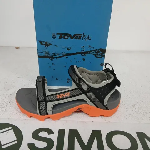 TEVA KIDS TANZA SANDALS – GREY/BLACK WITH ORANGE OUTSOLE, BOXED