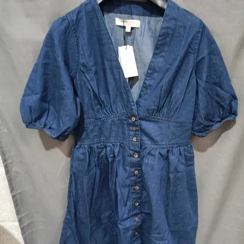 NOBODY'S CHILD WOMEN'S BLUE DENIM DRESS WITH PUFF SLEEVES – FRONT BUTTON-DOWN - SIZE 8