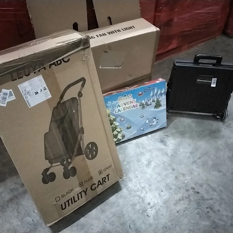 PALLET OF HOUSEHOLD ITEMS TO INCLUDE UTILITY CART, ADVENT CALENDER, CEILING LIGHT WITH LIGHT, SHOPPING CART AND OTHER ASSORTED ITEMS...