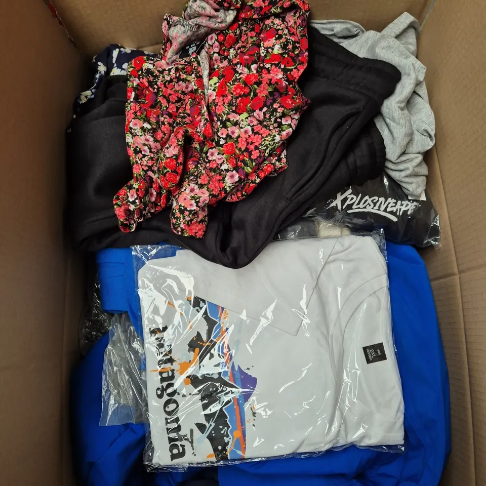 LARGE BOX OF ASSORTED CLOTHING ITEMS IN VARIOUS SIZES, STYLES AND COLOUR 