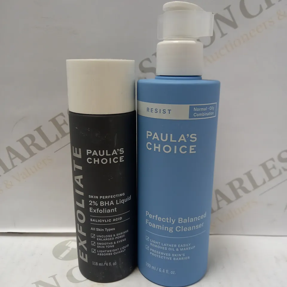 LOT OF 2 PAULA'S CHOICE PRODUCTS TO INCLUDE 2% BHA LIQUID EXFOLIANT 118ML & PERFECTLY BALANCED FOAMING CLEANSER 190ML