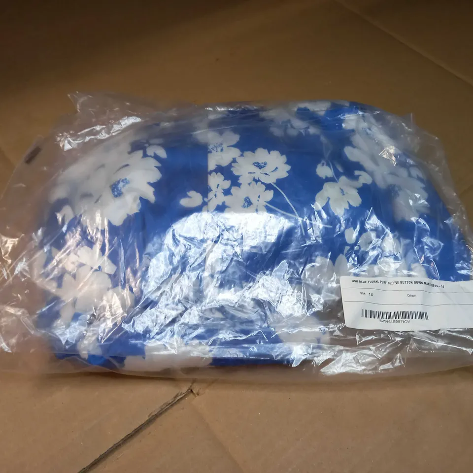 PACKAGED ASH BLUE FLORAL PRINT PUFF SLEEVE BUTTON DOWN MAXI DRESS - SIZE 14