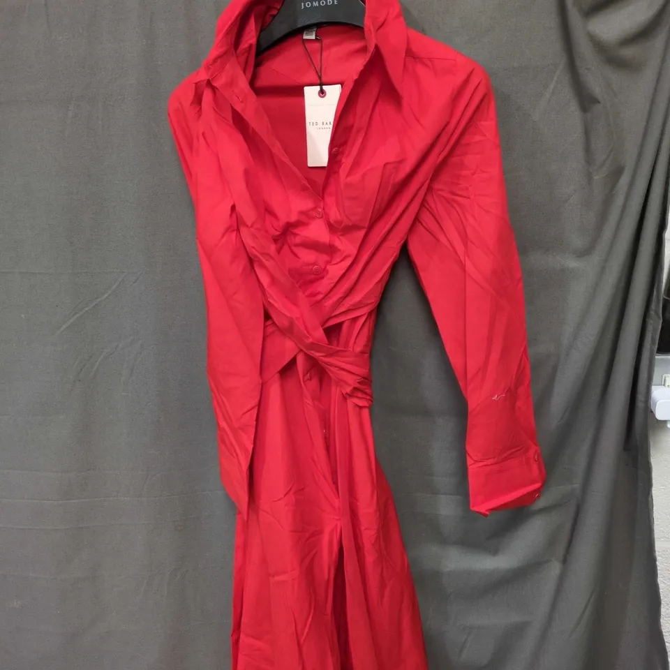 TED BAKER LONDON RED WRAP SHIRT MIDI DRESS - SIZE UNSPEIFIED 