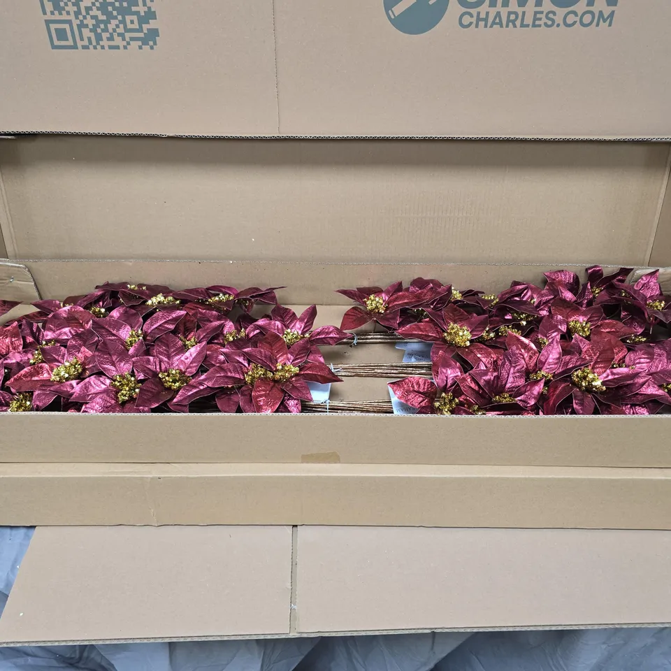 LOT OF APPROXIMATELY 24 GISELA GRAHAM RED AND GLITTER FAUX FLOWER ARRANGEMENTS