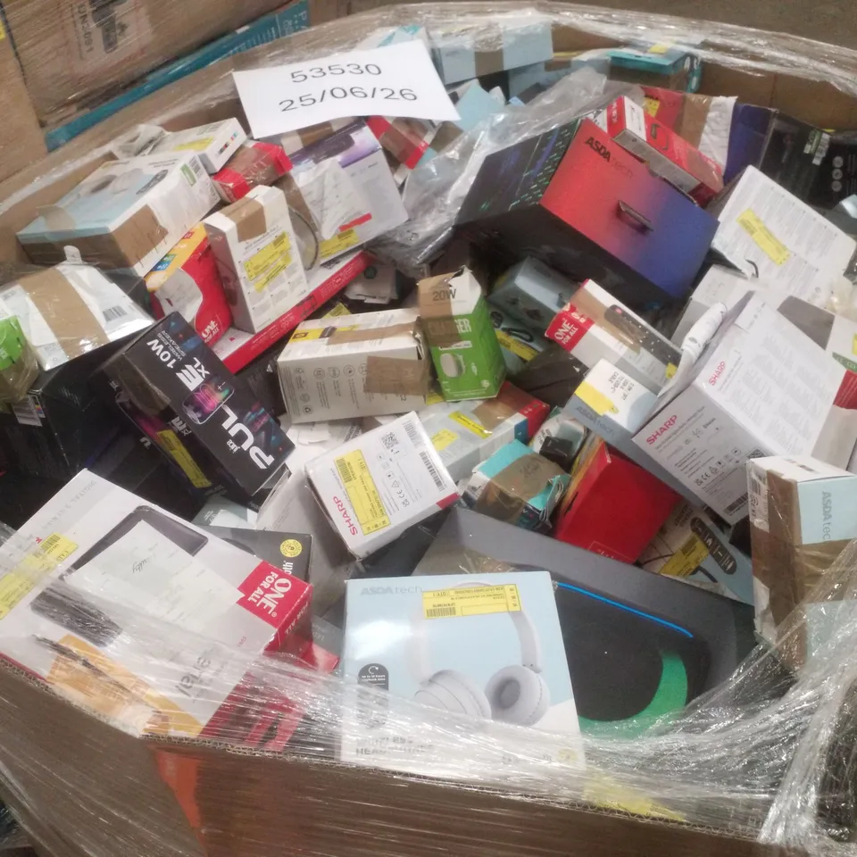 PALLET CONTAINING ASSORTED ELECTRICAL RETURNS INCLUDING BLUETOOTH PARTY SPEAKER, KEYBOARDS, HEADPHONES, 25W POLAROID COMPACT SOUNDBAR & UNIVERSAL TV WALL MOUNT