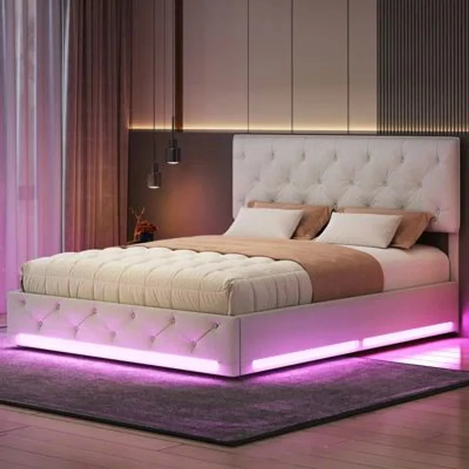 BOXED UPHOLSTERED BED WITH LED LIGHTS - UNSPECIFIED SIZE (2 BOXES)