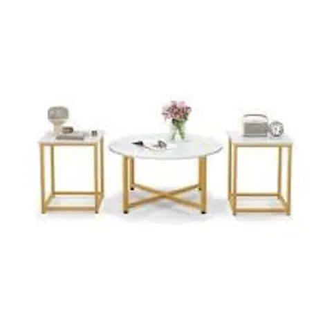 BOXED COSTWAY SET OF 3 COFFEE TABLES WITH STURDY METAL FRAME, ROUND COFFEE TABLE AND 2 SQUARE SIDE TABLES - WHITE