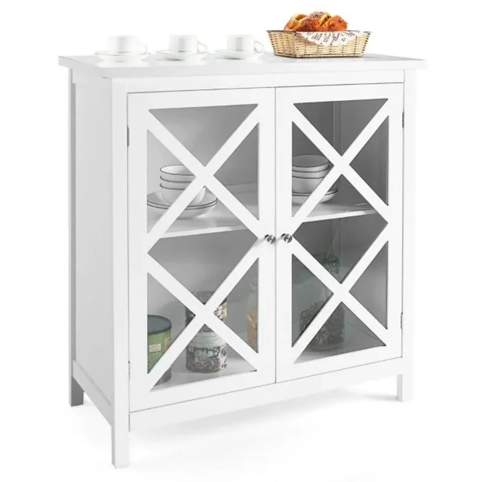 BOXED COSTWAY 2 DOORS KITCHEN CUPBOARD HOME DISPLAY CABINET STORAGE UNIT W/ ADJUSTABLE SHELVES - WHITE
