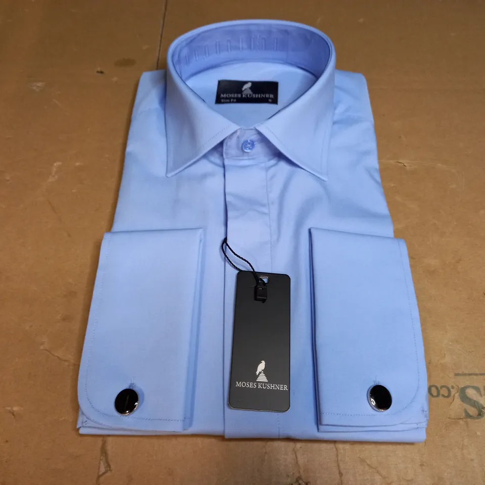 MOSES KUSHNER LOT OF 5 LONG SLEEVE SLIM FIT BUTTONED SMALL SHIRTS IN VARIOUS COLOURS - 4 LIGHT BLUE SMALL, 1 BLUE SMALL