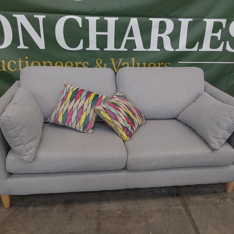 DESIGNER THREE SEATER SOFA GREY FABRIC WITH BOLSTER CUSHIONS 
