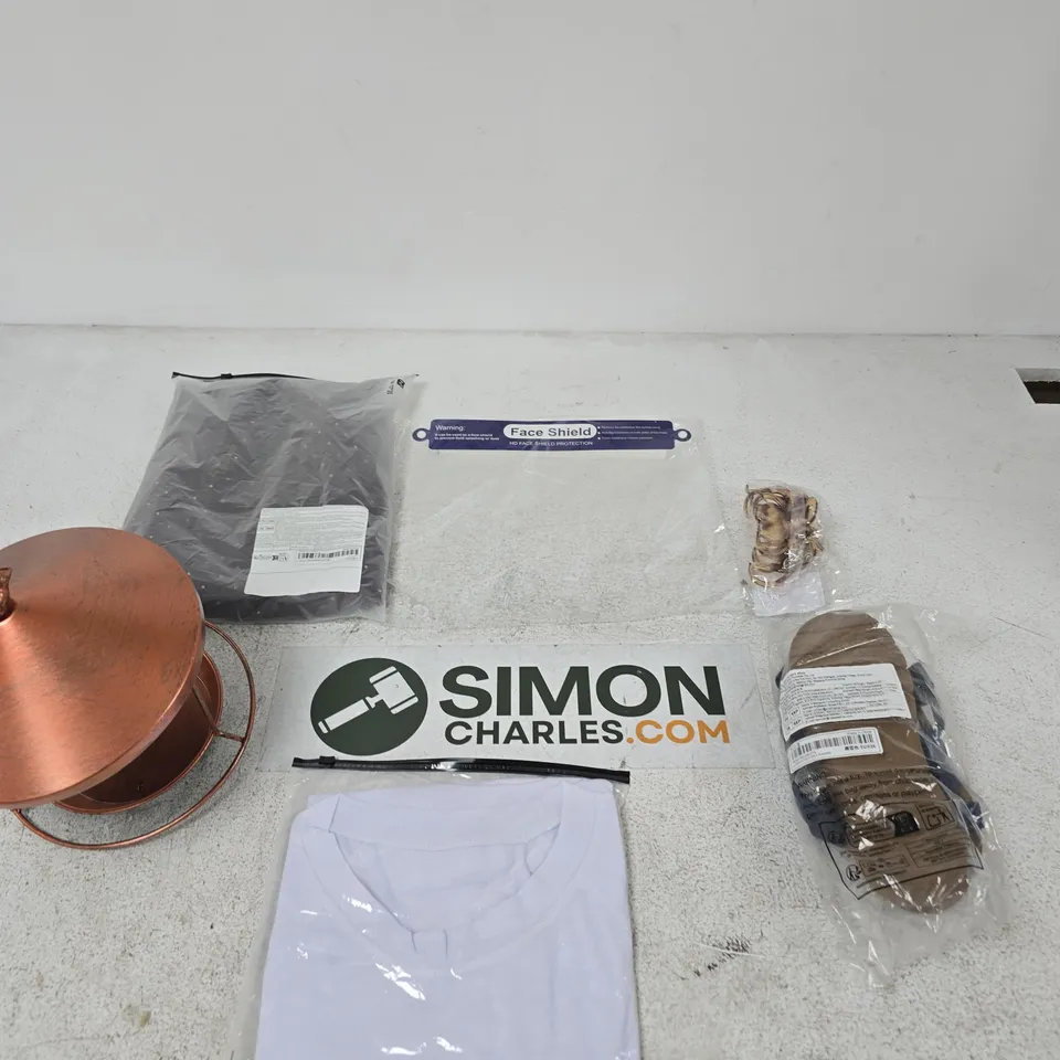 BOX OF APPROXIMATELY 10 ASSORTED ITEMS INCLUDING A FACE SHIELD, A HAIR CLAW CLIP AND A BIRD FEEDER
