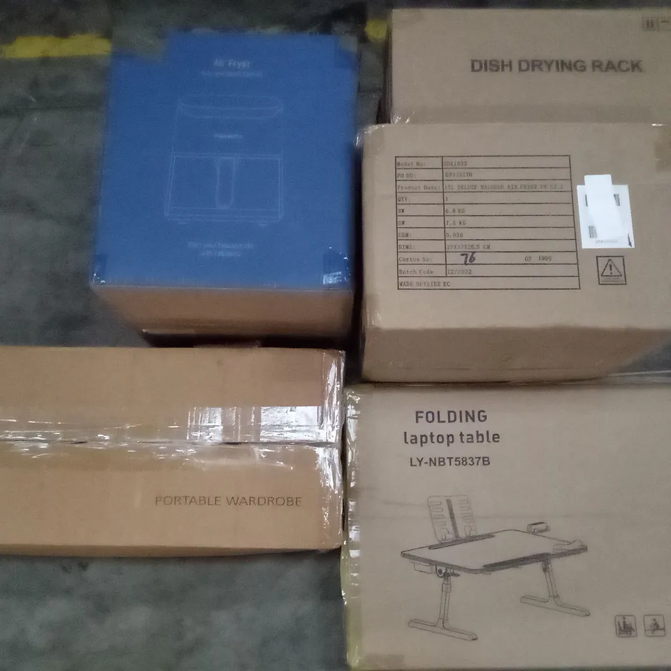 PALLET OF ASSORTED ITEMS INCLUDING FOLDING LAPTOP TABLE, PORTABLE WARDROBE, DELUXE HALOGEN AIR FRYER, DISH DRYING RACK