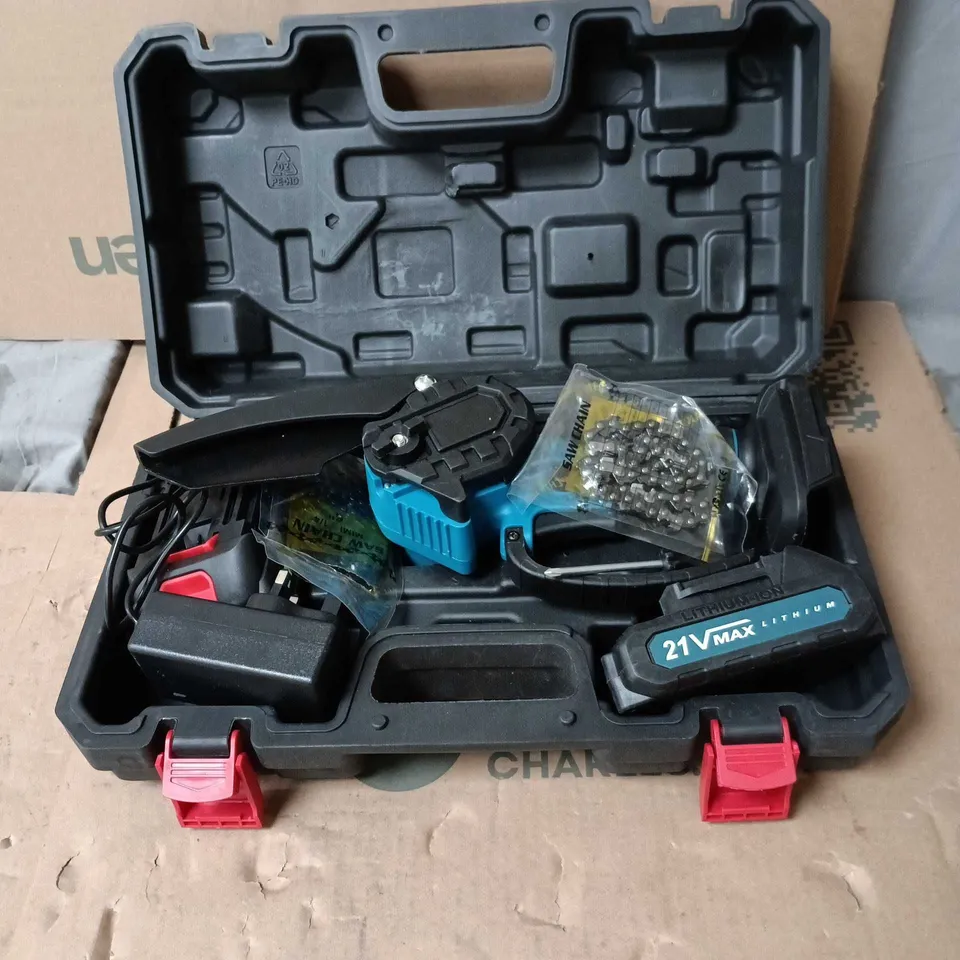  21V CORDLESS MINI CHAINSAW KIT, IN BLACK CARRY CASE 