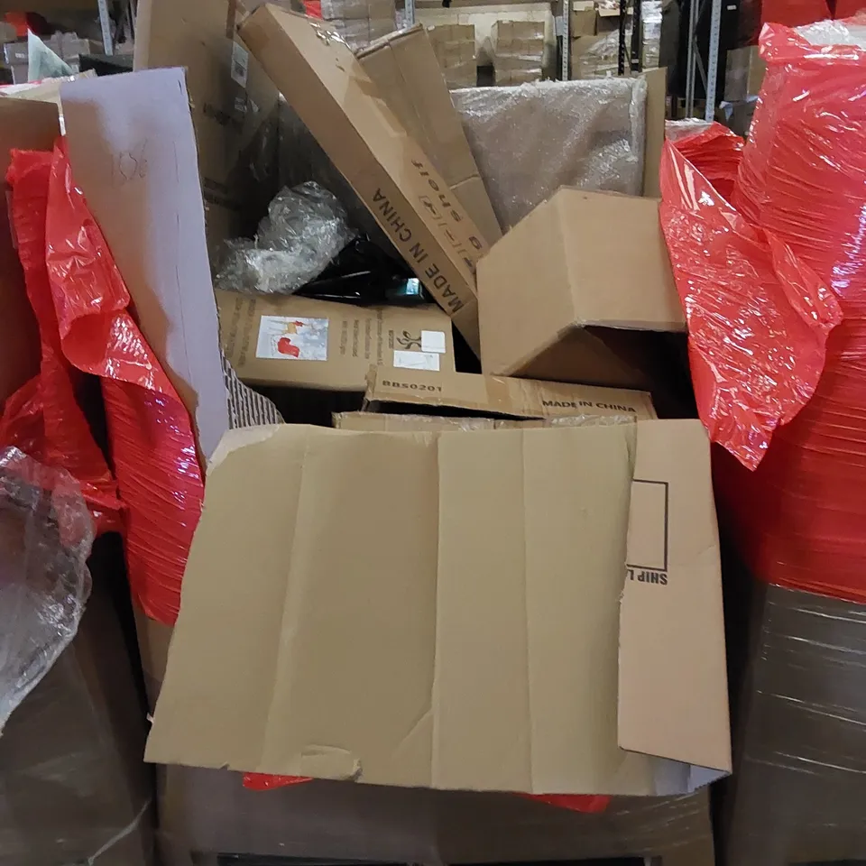 PALLET TO CONTAIN ASSORTED HOUSEHOLD ITEMS AND CONSUMER PRODUCTS. INCLUDES CHRISTMAS DECOR, MAGNETIC WHITE BOARD, BOXED FURNITURE ETC 