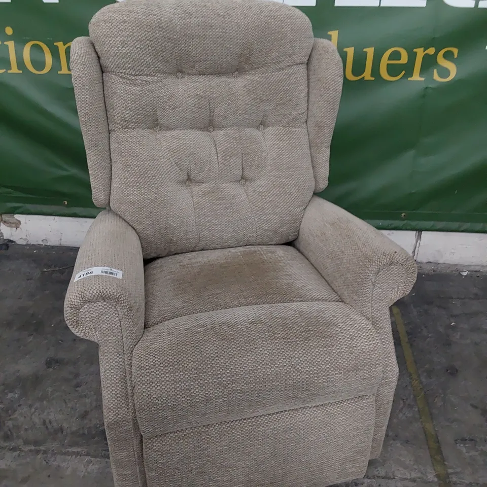 DESIGNER POWER RECLINING WINGED BACK EASY CHAIR BEIGE FABRIC 