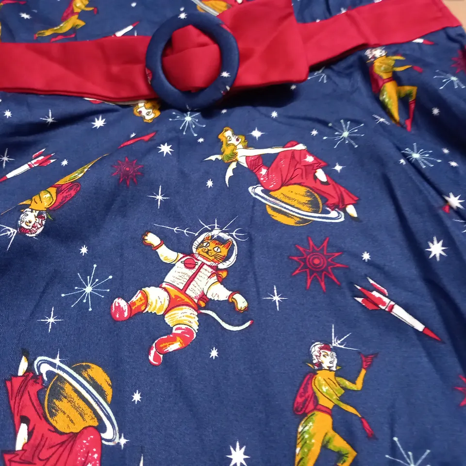 BANNED RETRO CAT IN SPACE THEMED DRESS WITH RED TRIM - S