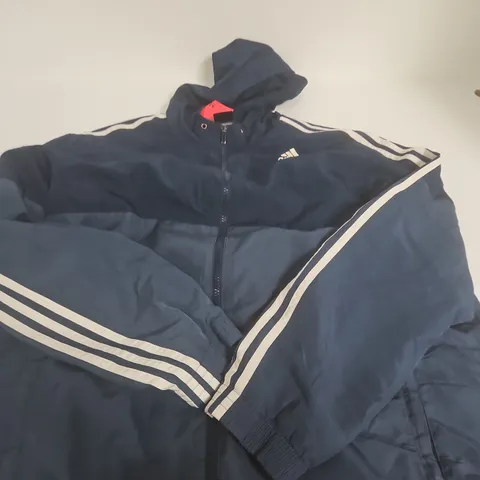 ADIDAS NAVY TRACK JACKET WITH WHITE STRIPES AND HOOD - L