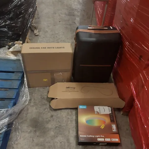 PALLET CONTAINING ASSORTED ITEMS TO INCLUDE: GOVEE CEILING LIGHT PRO, CEILING FAN WITH LIGHT, SUITCASE, FOLDABLE DESK EXTENDER ECT