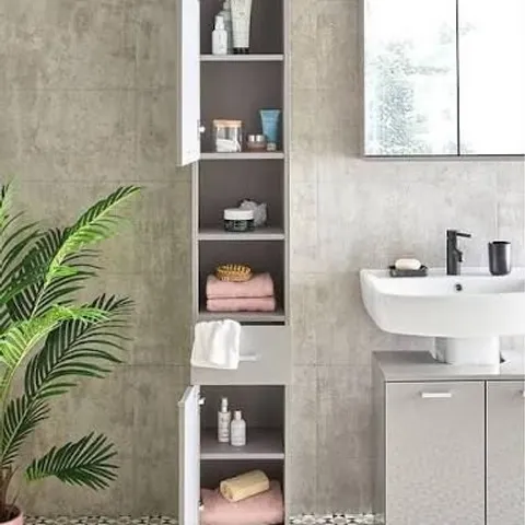BOXED ROWAN GLOSS 2 DOOR, 1 DRAWER TALL BATHROOM CABINET - GREY (1 BOX)