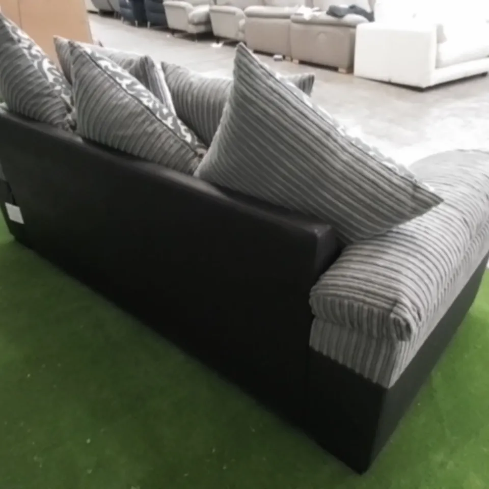 DESIGNER PHOENIX GREY CORDED FABRIC AND BLACK SUEDE EFFECT THREE SEATER SOFA WITH SCATTER CUSHIONS