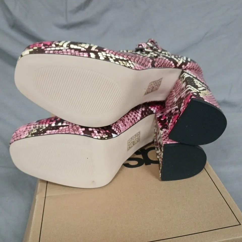 BOXED ASOS SNAKE PRINT POP UP HEELS - UK 7