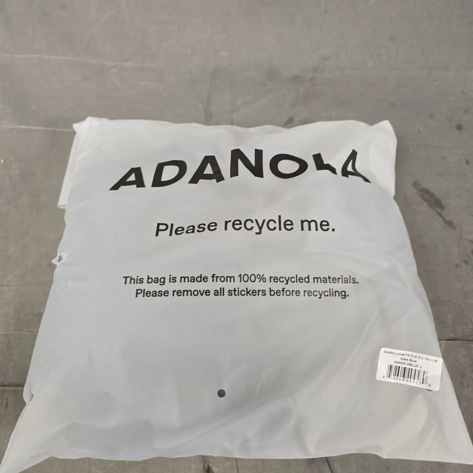  ADANOLA VARSITY LOOSE FIT FULL ZIP HOODIE - SLATE BLUE - UK SIZE L 