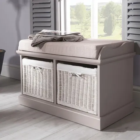 BOXED TETBURY BENCH WITH 2 WHITE WICKER BASKET AND CREAM CUSHION- TRUFFLE