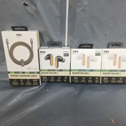 4 BOXED HOUSE OF MARLEY PRODUCTS TO INCLUDE REDEMPTION ANC 2 TRUE WIRELESS EARPHONES AND REWIND CHARGING CABLE