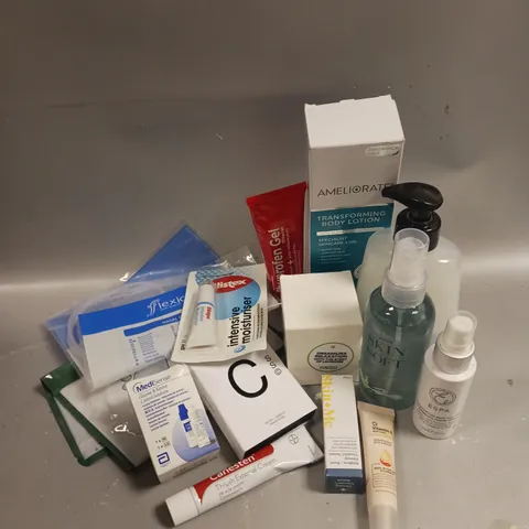 BOX OF APPROXIMATELY 15 COSMETIC ITEMS TO INCLUDE - AMELORATE TRANSFORMING BODY LOTION - SKIN+ME VITAMIN C SERUM - FLEXICARE NASAL CATHETER ETC 