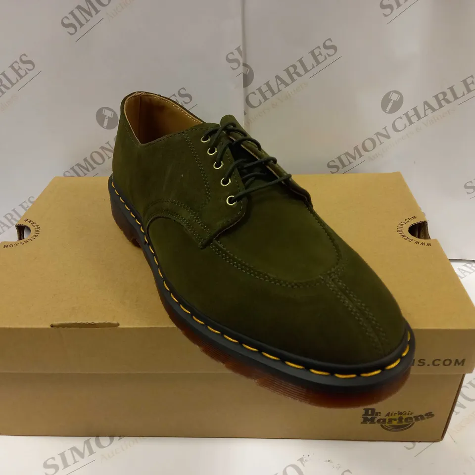 BOXED PAIR OF DR MARTENS REPELLO CALF SUEDE SHOES IN OLIVE UK SIZE 12 