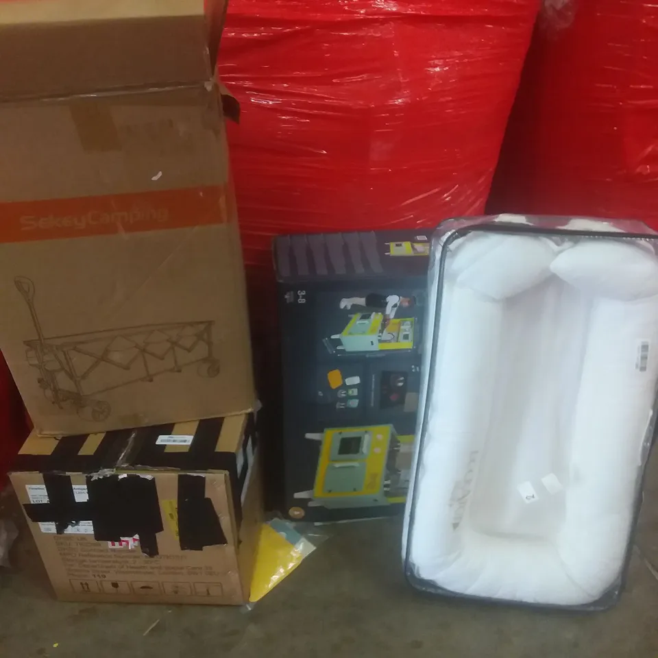 PALLET OF ASSORTED ITEMS INCLUDING DOG BED, KIDS TOY KITCHEN, FOLDABLE WAGON