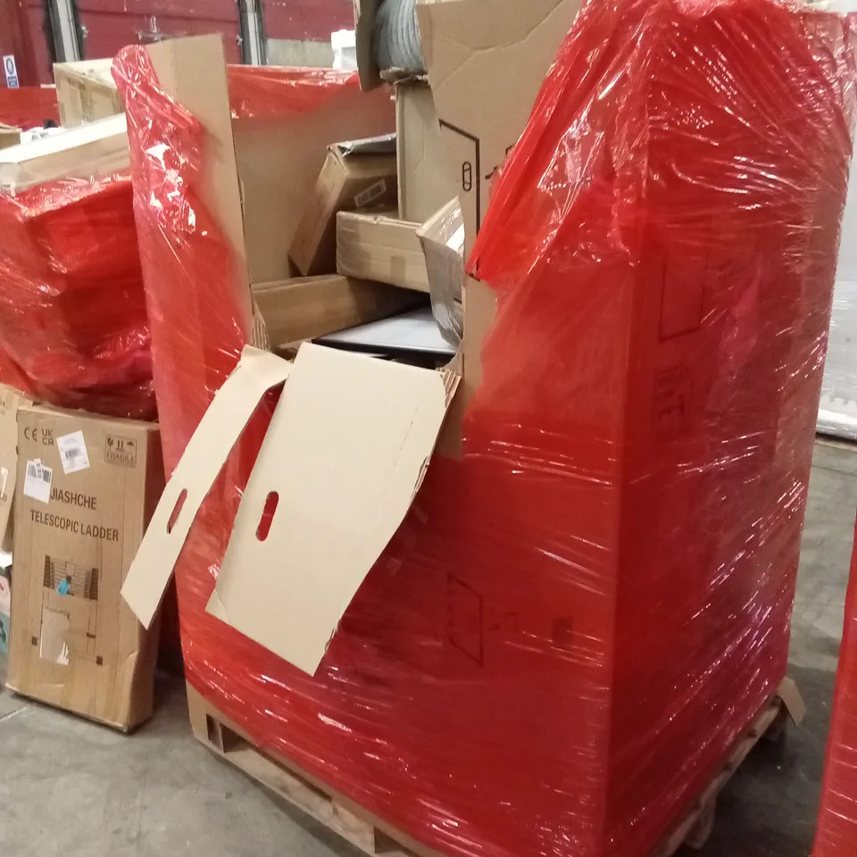 PALLET OF ASSORTED HOUSEHOLD GOODS AND PRODUCTS TO INCLUDE; TELESCOPIC LADDER, BED ASSIST RAIL, BABY UPSEAT ETC