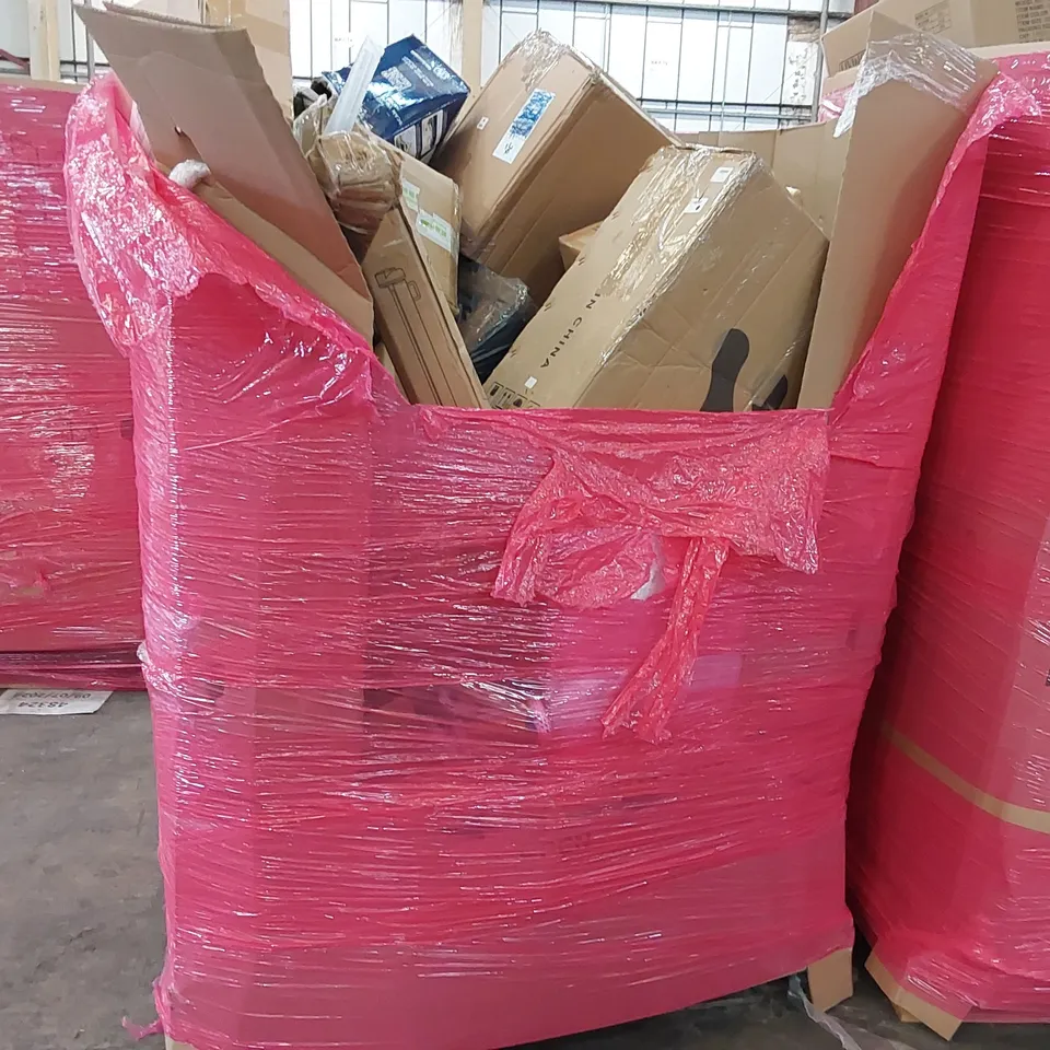 PALLET OF ASSORTED CONSUMER GOODS AND FURNITURE PRODUCTS TO INCLUDE; PC CASE, PREMIUM AIR BED, PORTABLE ICE MAKER, RETRACTABLE SAFETY GATE, BOOSTER CUSHION ECT.