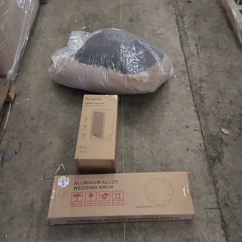 PALLET CONTAINING HOUSEHOLD AND CONSUMER PRODUCTS. INCLUDES ALUMINIUM ALLOY WEDDING ARCH, SMART HEATER, DOG BED, BOXED FURNITURE ETC