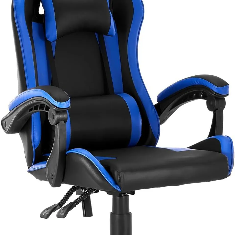 BOXED BLACK AND BLUE GAMING CHAIR COMPUTER CHAIR ERGONOMIC RACING STYLE ADJUSTABLE OFFICE DESK CHAIR WITH LUMBAR SUPPORT AND HEAD PILLOW RECLINING GAMER CHAIR FOR ADULT AND KIDS