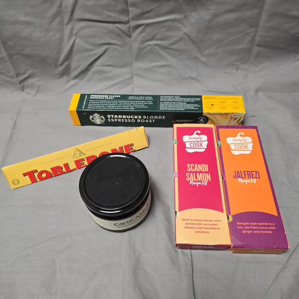 APPROXIMATELY 15 ASSORTED FOOD/DRINK PRODUCTS TO INCLUDE TOBLERONE, STARBUCKS PODS, SIMPLY COOK SEASONING ETC 