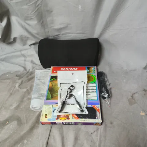 BOX OF APPROXIMATELY 30 ASSORTED ITEMS INCLUDING SUPPORT AND POSTURE BRA, TORCH, CONDITONER GEL, SUPPORT PILLOW, EYE LASH CURLER ETC