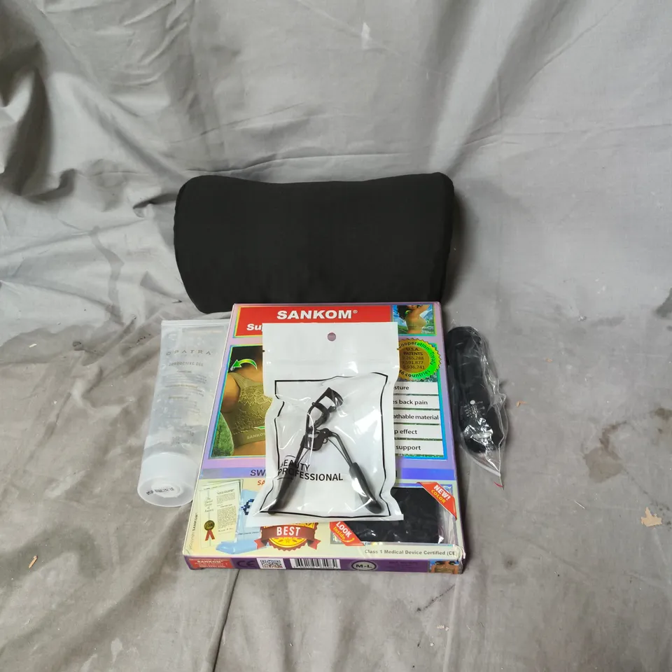 BOX OF APPROXIMATELY 30 ASSORTED ITEMS INCLUDING SUPPORT AND POSTURE BRA, TORCH, CONDITONER GEL, SUPPORT PILLOW, EYE LASH CURLER ETC