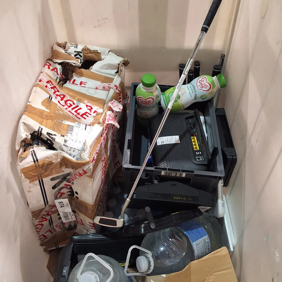 CAGE OF ASSORTED ITEMS TO INCLUDE DRESS UP COSTUMES,CAR PARTS, FOOD ITEMS AND NETWORK ROUTERS