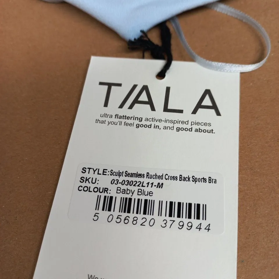 TALA SCULPT SEAMLESS RUCHED CROSS BACK SPORTS BRA – BABY BLUE, UK M (SIZE M)