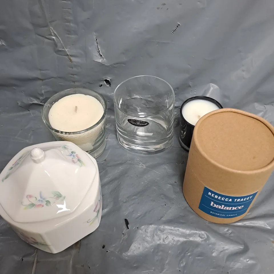 APPROXIMATELY 10 ASSORTED HOUSEHOLD ITEMS TO INCLUDE CANDLES, GLASSES, SAUCERS ETC 