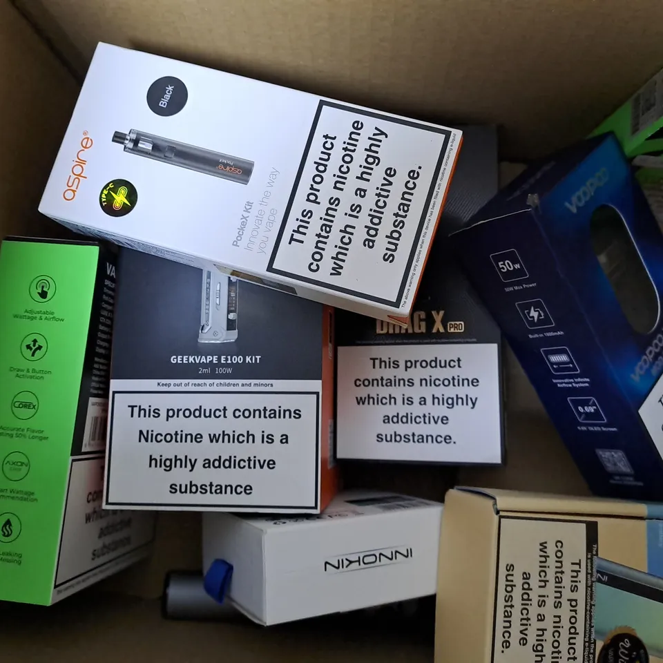 APPROXIMATELY 10 ASSORTED E-CIGARETTE PRODUCTS TO INCLUDE GEEKVAPE LUXE X PRO, GEEKVAPE E100 KIT, VOOPOO DRAG X PRO