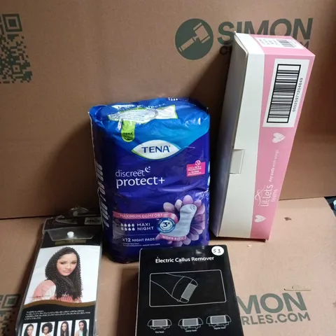 BOX OF APPROXIMATELY 10 HEALTH & BEAUTY PRODUCTS: TENA DISCREET PROTECT NIGHT PADS, ELECTRIC CALLUS REMOVER & WIGS
