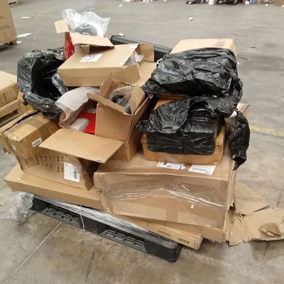 PALLET OF ASSORTED FURNITURE, HOUSEHOLD GOODS & PRODUCTS TO INCLUDE; NECK FAN, OIL SEPARATOR, BOXED FURNITURE ETC 