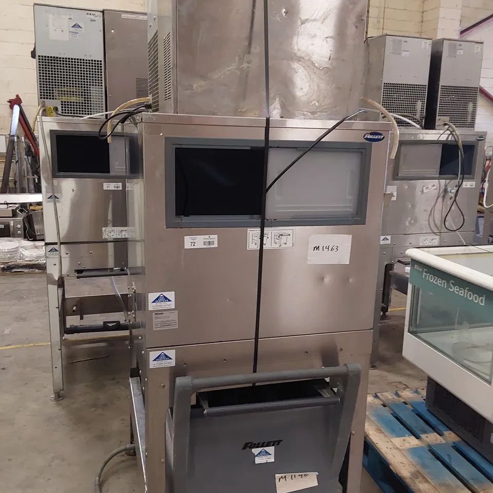 FOLLETT COMMERCIAL ICE MACHINE ON STAND WITH ICE TROLLEY 